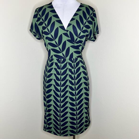 Ann Taylor Wrap Dress 2 Jersey Knit Green Navy Work Vneck Office Knee Length New - Picture 1 of 10